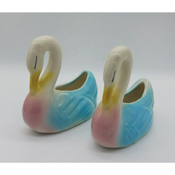 Lovely MCM Pair Set 2 Swan Planters Yellow Blue Pink Ceramic Mid Century Vintage - Picture 2 of 13